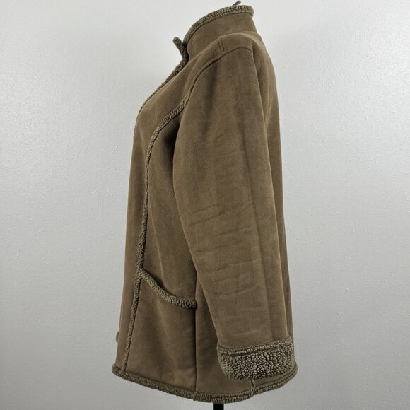 LL Bean Womens Light Brown Coat Button Up Jacket Sherpa Lining High Neck Sz XL - Picture 2 of 16